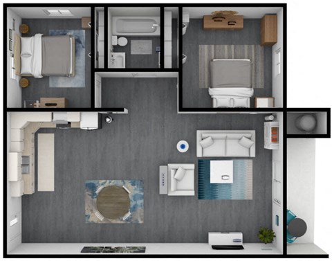 Floor plan for 2 beds, 1 bath, 950 sqft